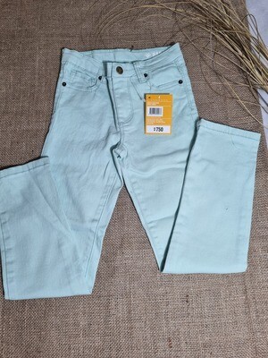 PANTALÓN CHUPIN DE JEAN, COLOR VERDE CLARO, MARCA BAS, TALLE 4 AÑOS, NUEVO CON ETIQUETA