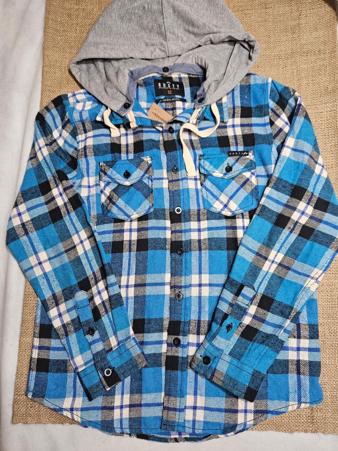 CAMISA DE VIYELA, CUADRILLE, CON CAPUCHA DESMONTABLE DE ALGODÓN. MARCA RUSTY. TALLE 12