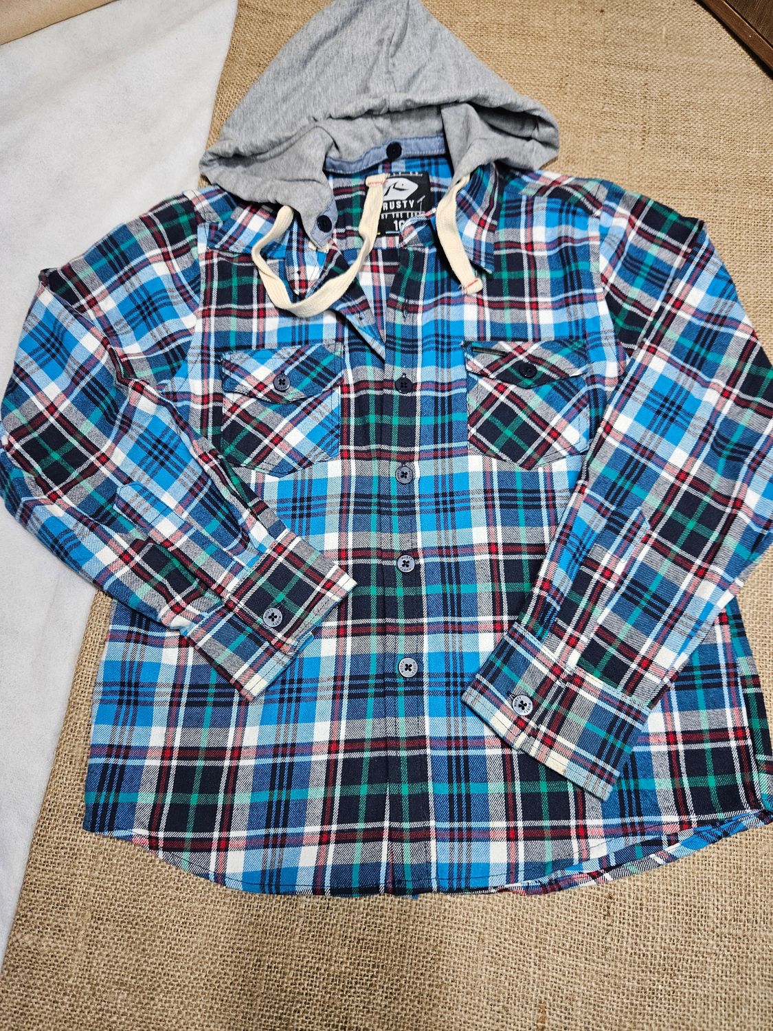 CAMISA DE VIYELA, CUADRILLE, CON CAPUCHA DESMONTABLE DE ALGODÓN. MARCA RUSTY. TALLE 10