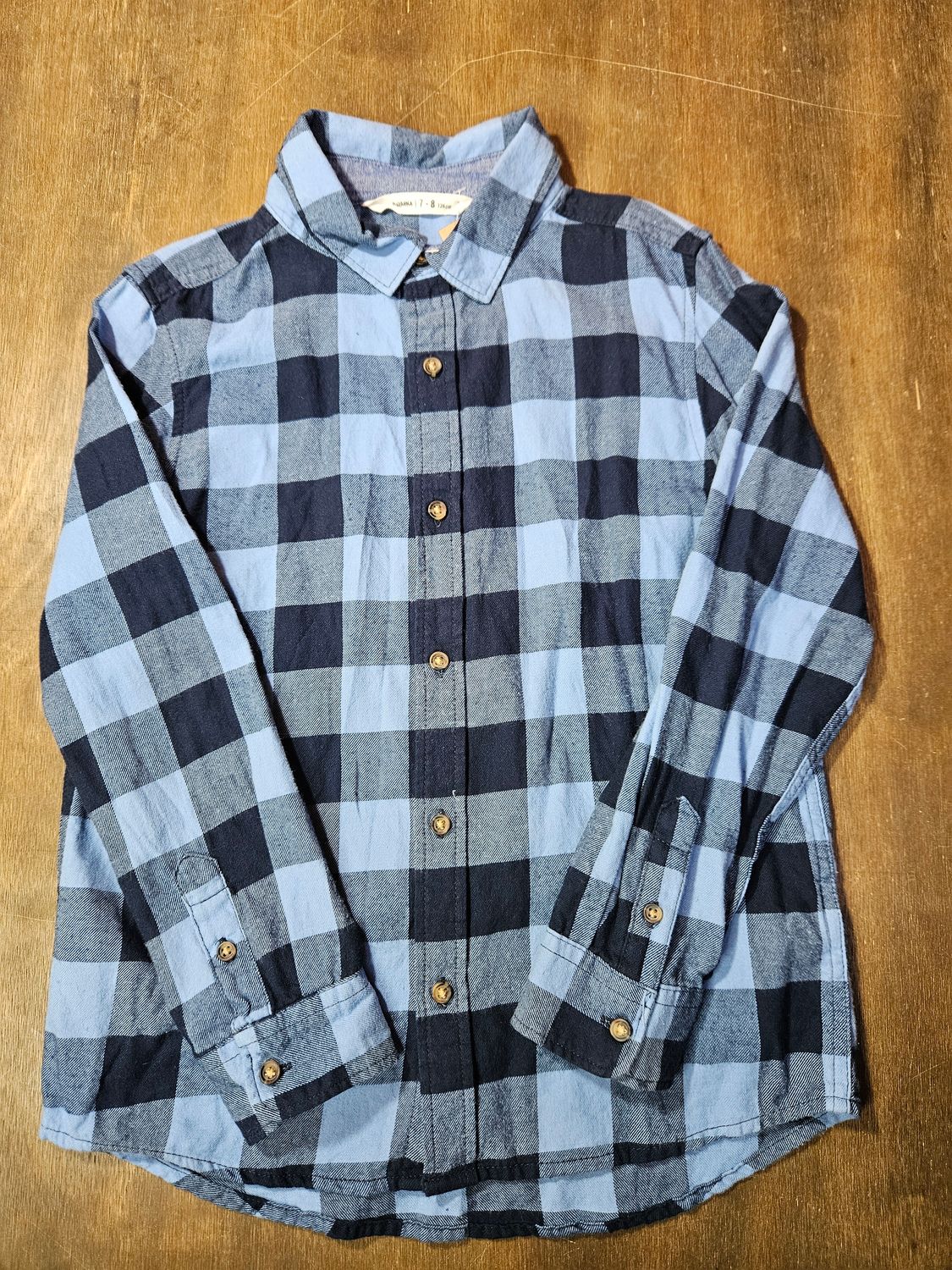 CAMISA DE FRANELA MANGA LARGA, MARCA FUZARKA, TALLE 7-8, CUADRILLE CELESTE Y AZUL