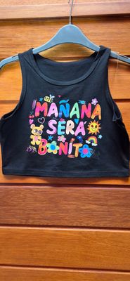 TOP DE ALGODON PARA NIÑA, SIN MANGAS, COLOR NEGRO, CON ESTAMPA DE FRASE "MAÑANA SERA BONITO" TALLE 9/10