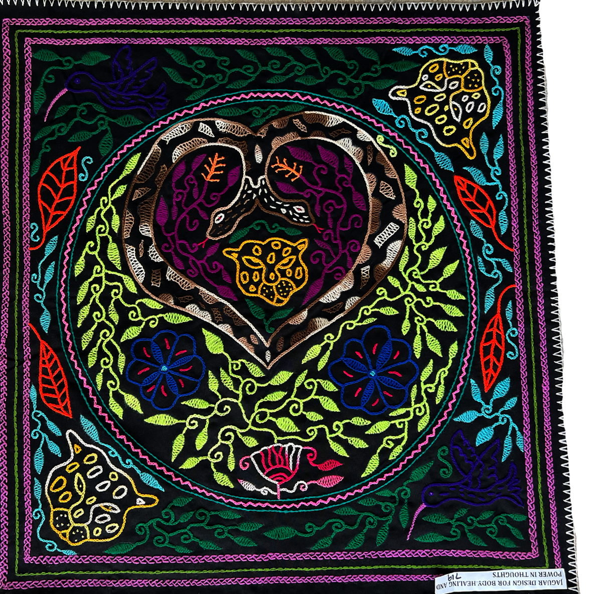 Jaguar and Hummingbird song for body healing, clarity, creativity,  and good thoughts. (#719) 28” x 27”.