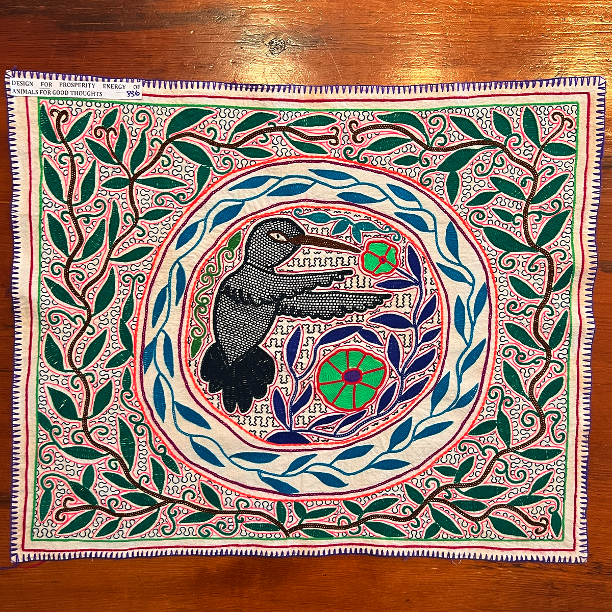 Prayer song  of the Hummingbird to bring prosperity and energy of all the animals for good thoughts and power. 23“ x 28“.