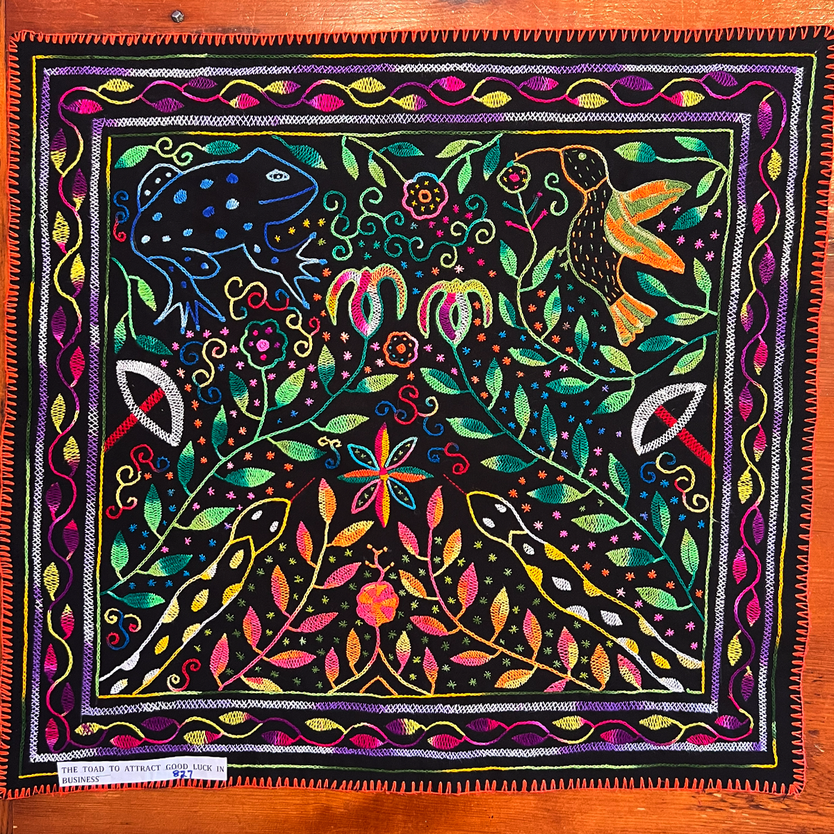 Power of the Hummingbird, toad and the plants for good luck, spiritual power and health. 28” x 29”.