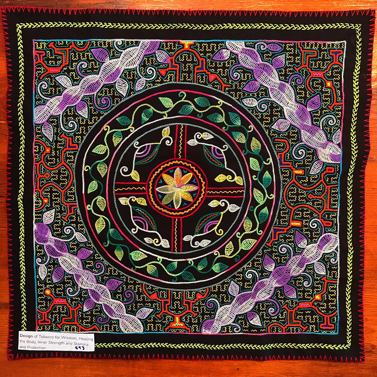 Power of tobacco for wisdom, healing the body, inner strength, and stamina and protection. 28” x 27”.