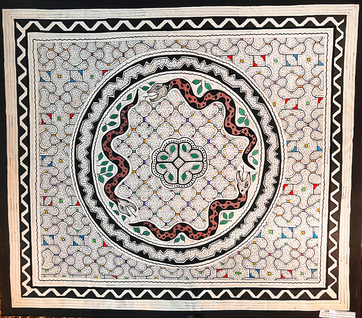Song for healing relationship with the body, connecting with inner power, and increasing self-esteem. This piece is painted rather than embroidered. 54” x 61”.