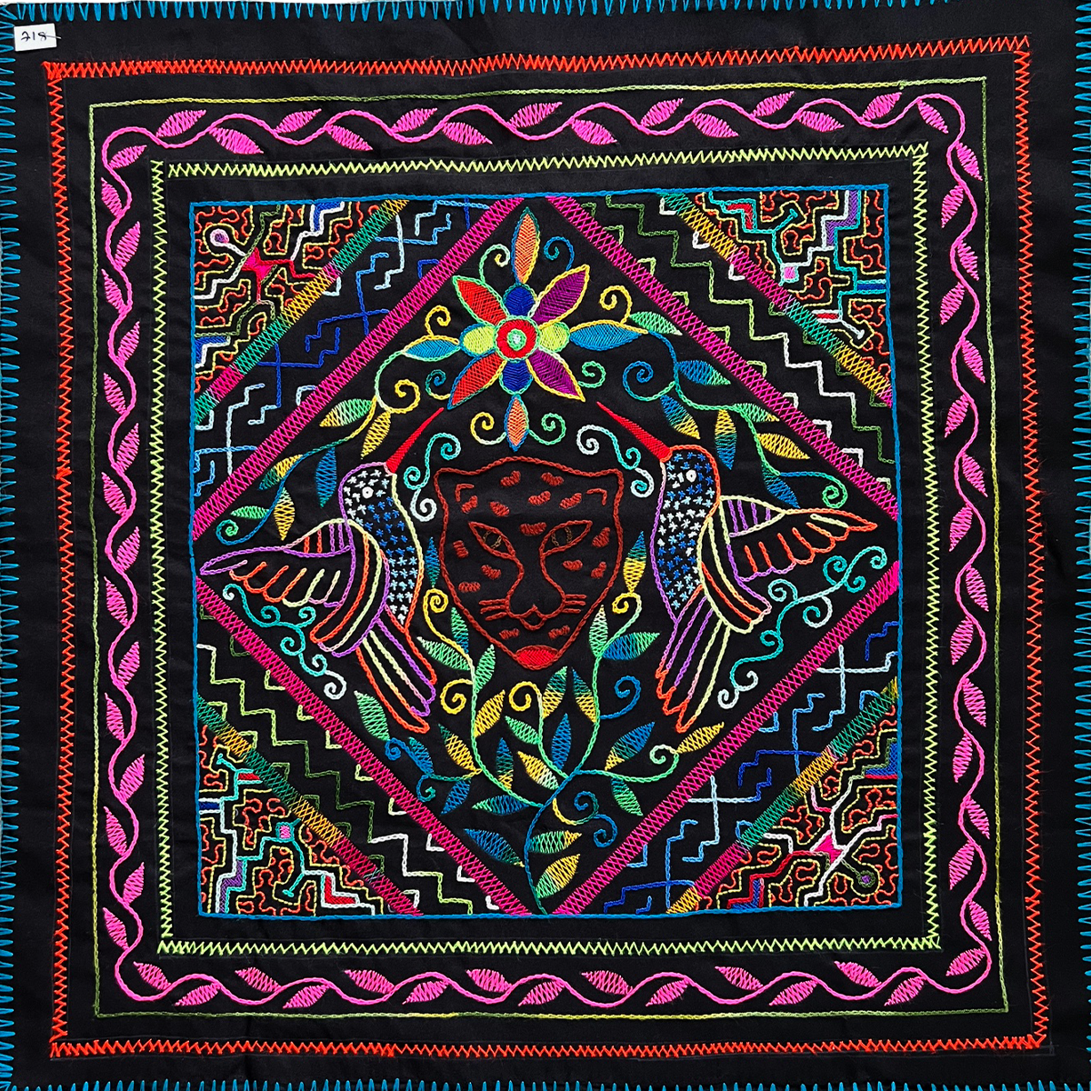 #218 Power of the Jaguar for protection and power, the Hummingbird for spiritual strength, and the song of all the Plants for healing and happiness 30” x 30”