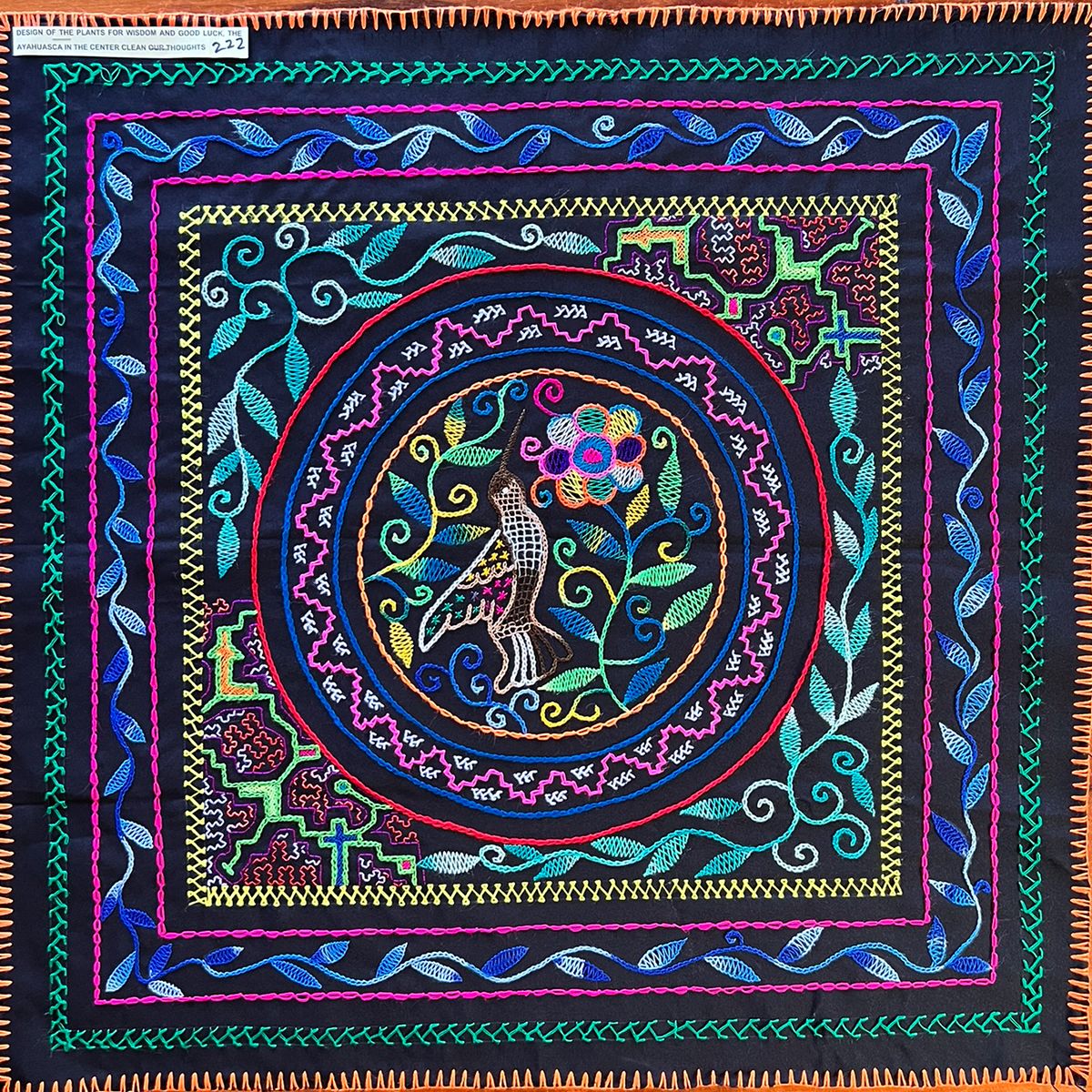 #222 Song with the plants for wisdom and good luck, Ayahuasca in the center to clean our thoughts, Hummingbird for tranquility, joy, and spiritual development. 29“ x 29“.