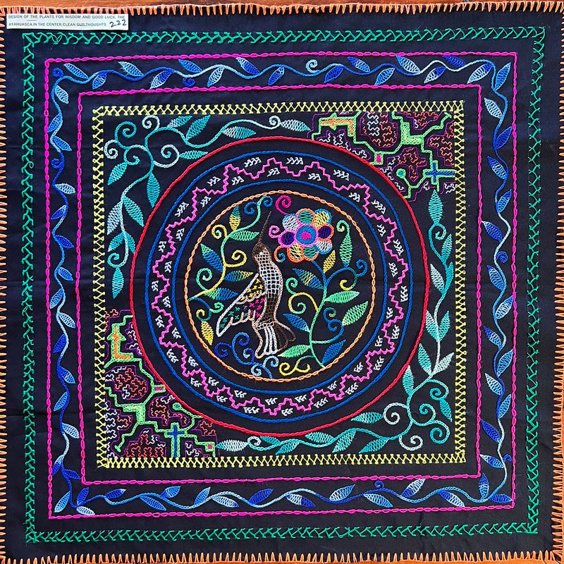 #222 Song with the plants for wisdom and good luck, Ayahuasca in the center to clean our thoughts, Hummingbird for tranquility, joy, and spiritual development. 29“ x 29“.