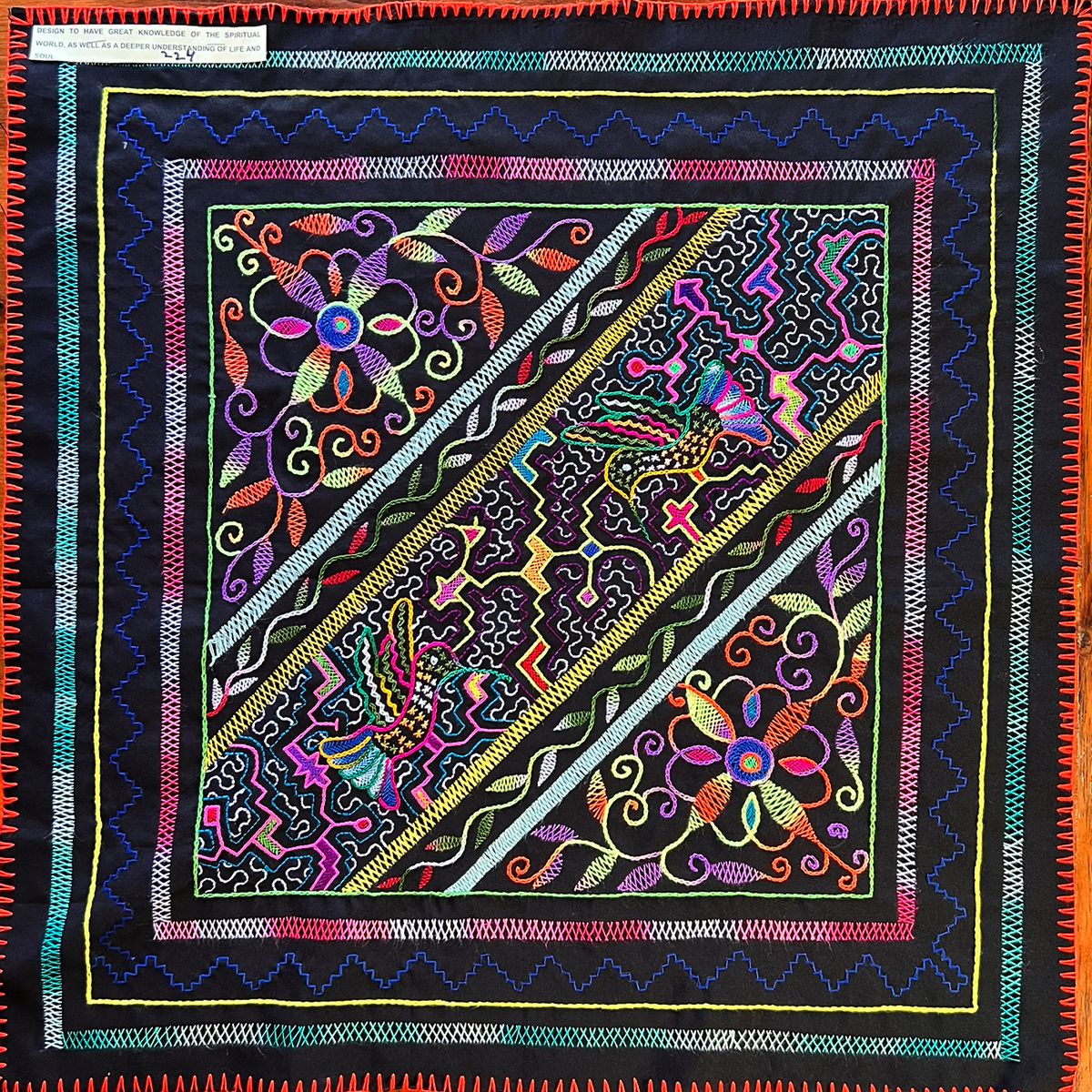 #224 Song to have great knowledge of the spiritual world, as well as a deeper understanding of life and soul. Power Hummingbirds, Tobacco, and all of the Plants and Flowers. 29” x 29”