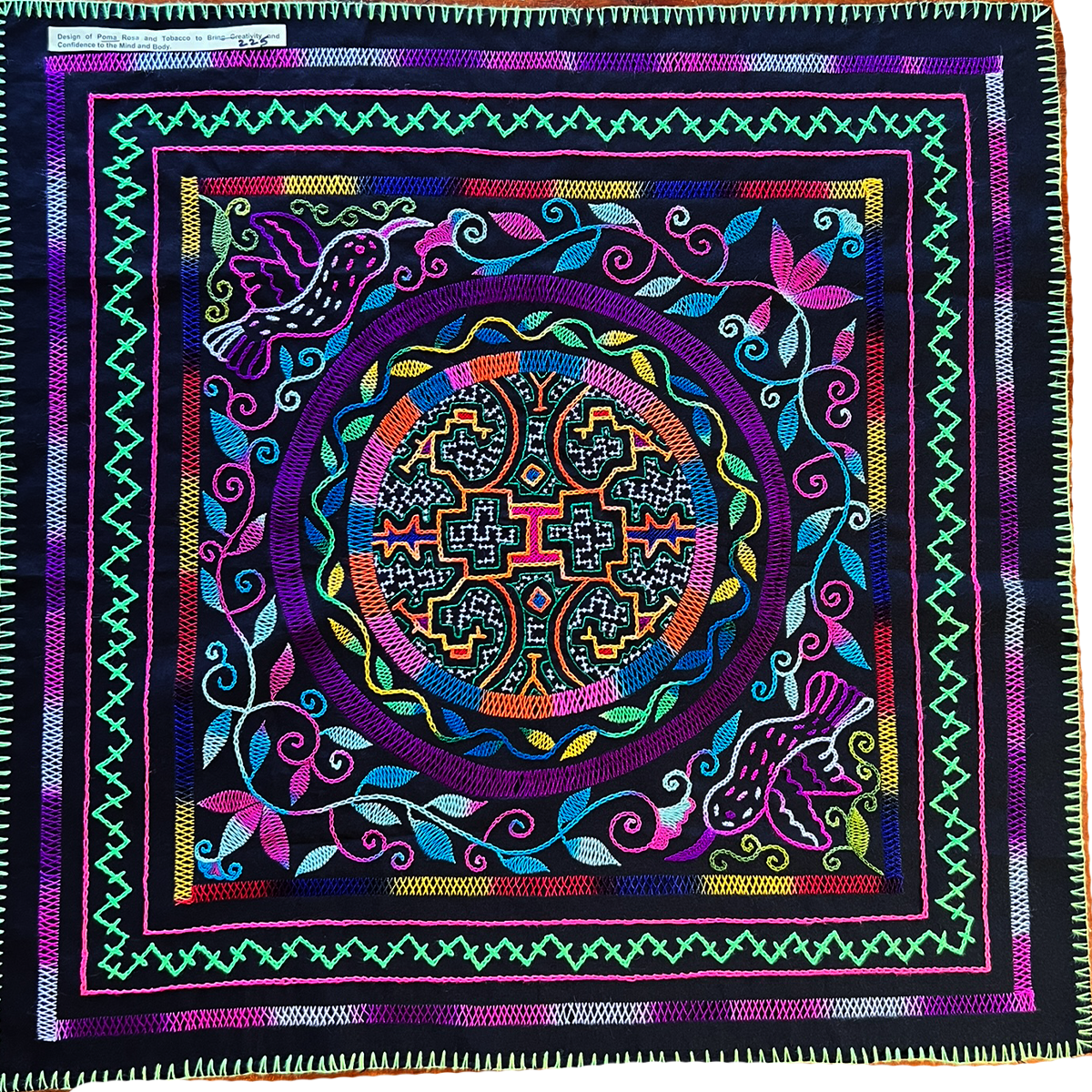 #225 Design of the Rose Apple tree and Tobacco to bring creativity, confidence, and protection to the mind and body. Power of the Hummingbird for joy and spiritual development. 29” x 29”.