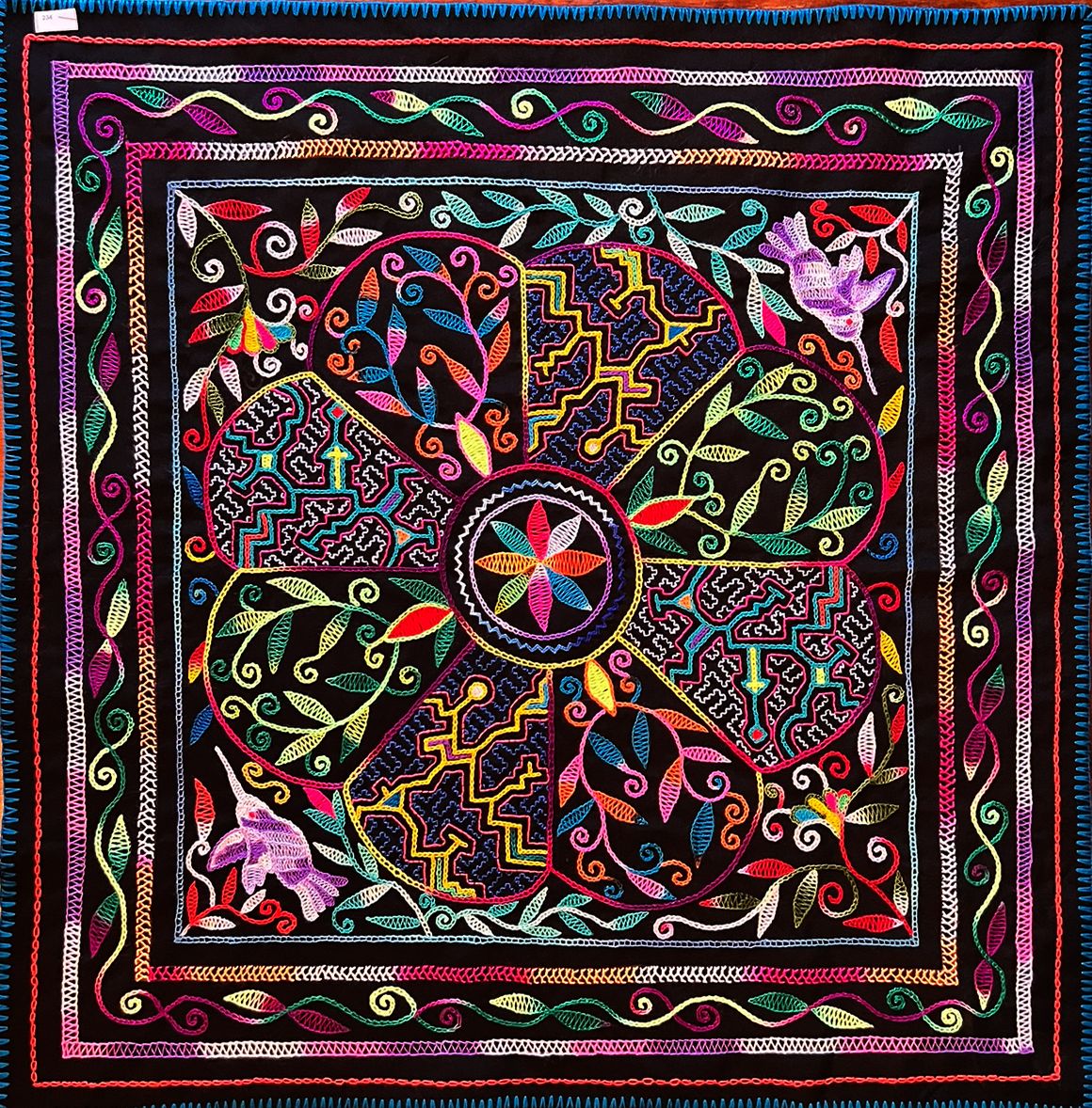 #234 Power of the Hummingbird for spiritual development and health, power of Ayahuasca for good visions of life and good health, protection of Tobacco and all of the Plants. 28” x 28”.