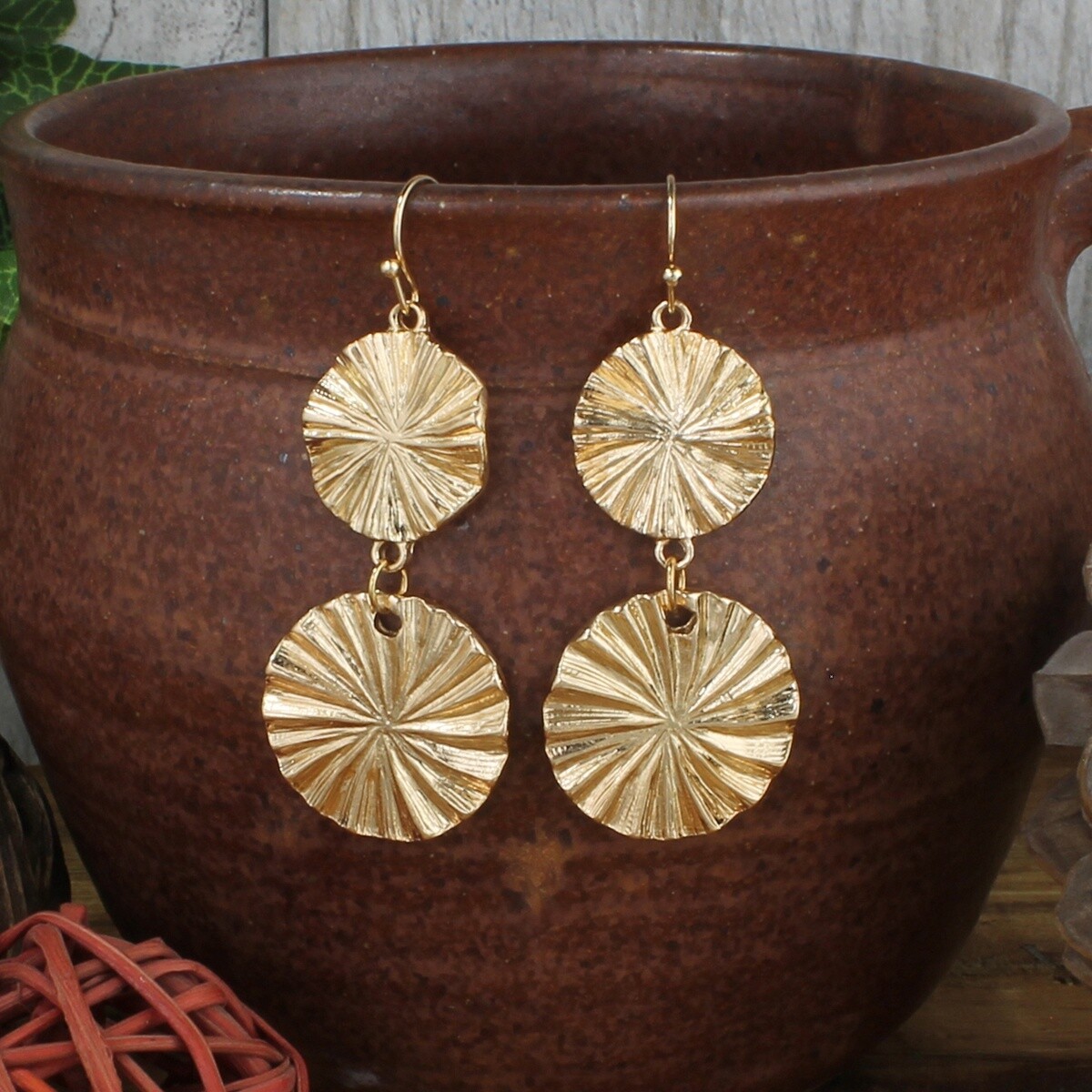 Double Textured Disc Gold Dangle Earrings