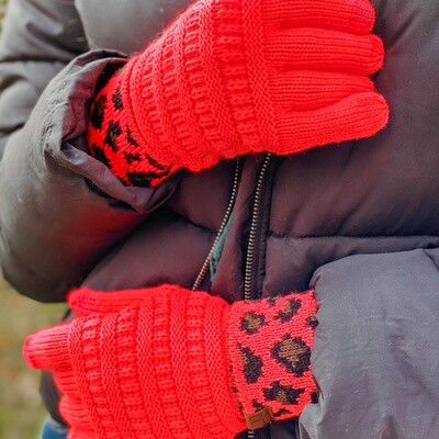 Solid Cable Knit Leopard Cuff Smart-Tip Gloves