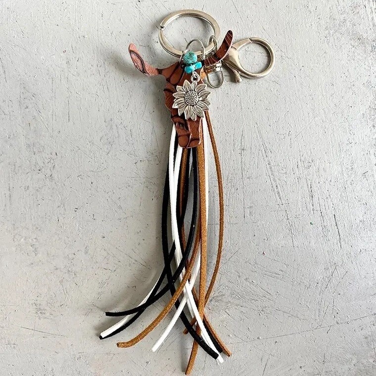 Western Leather Cow/Bull Tassel Keychain