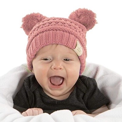 Baby Classic Solid Cable Knit Dbl Pom Beanie &amp; Mitten Set