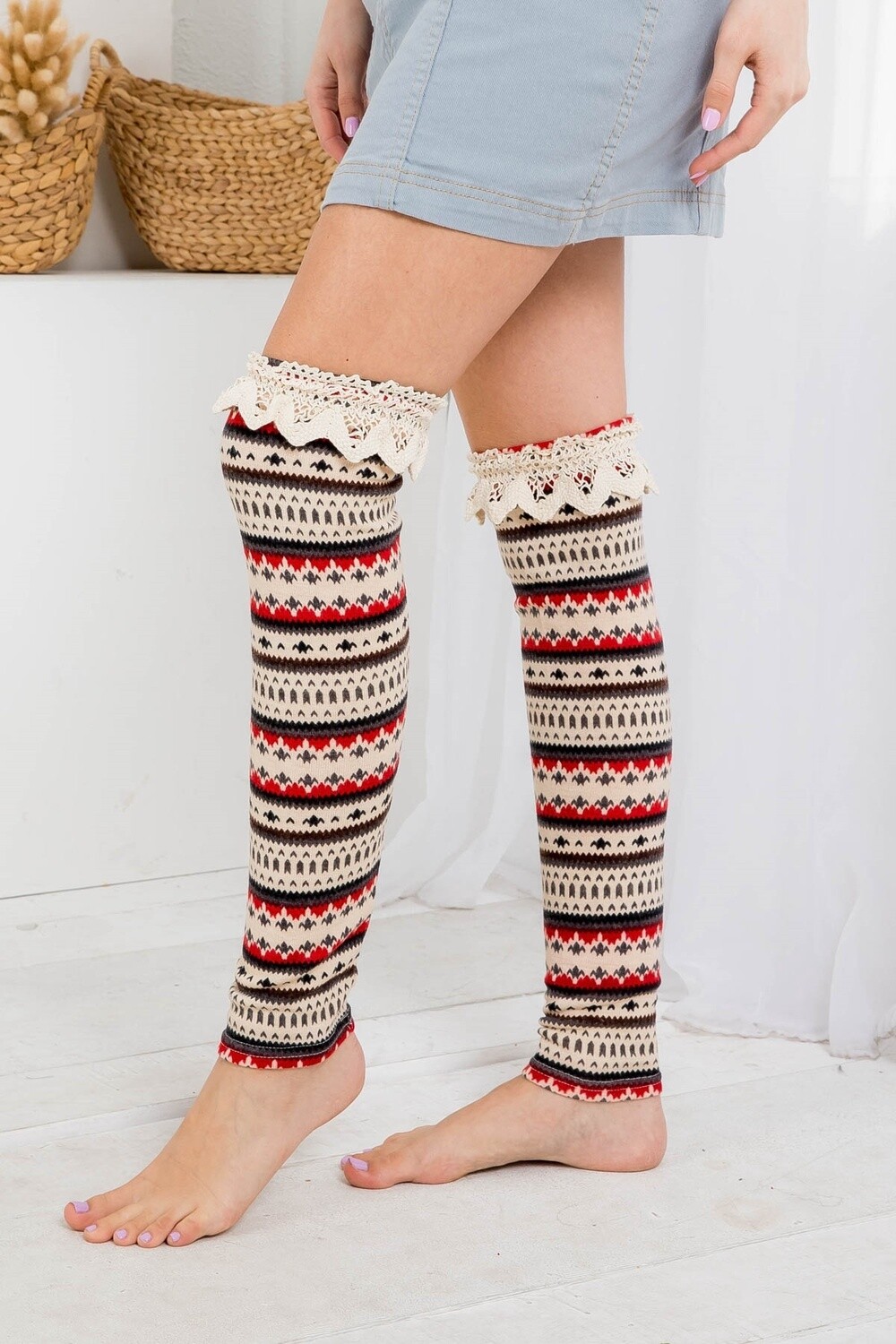 Crochet Trim Ivory/Red Fair Isle Leg Warmers