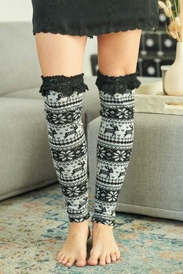 Crochet Trim Black/Cream Christmas Leg Warmers