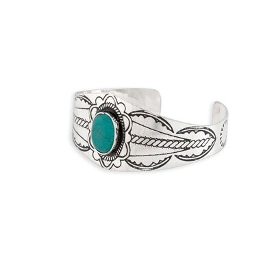 Turquoise Oval Silver Etched Cuff Bracelet