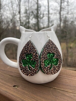 Leopard Clover Cut-Out Glitter Layered PU Leather Earrings