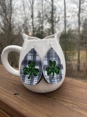 Plaid Clover Cut-Out Glitter Layered PU Leather Earrings