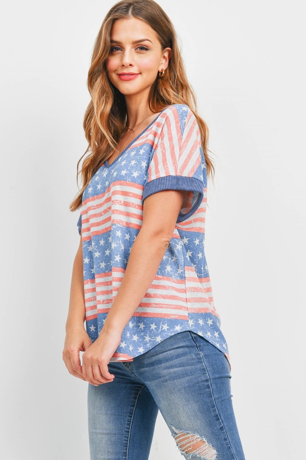 Vintage American Flag V-Neck SS Waffle Top, Size: S