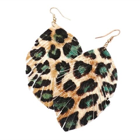 Leather Leopard Marquise Fringe Earrings