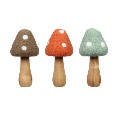 Wood & Wool Tabletop Mushroom Decor