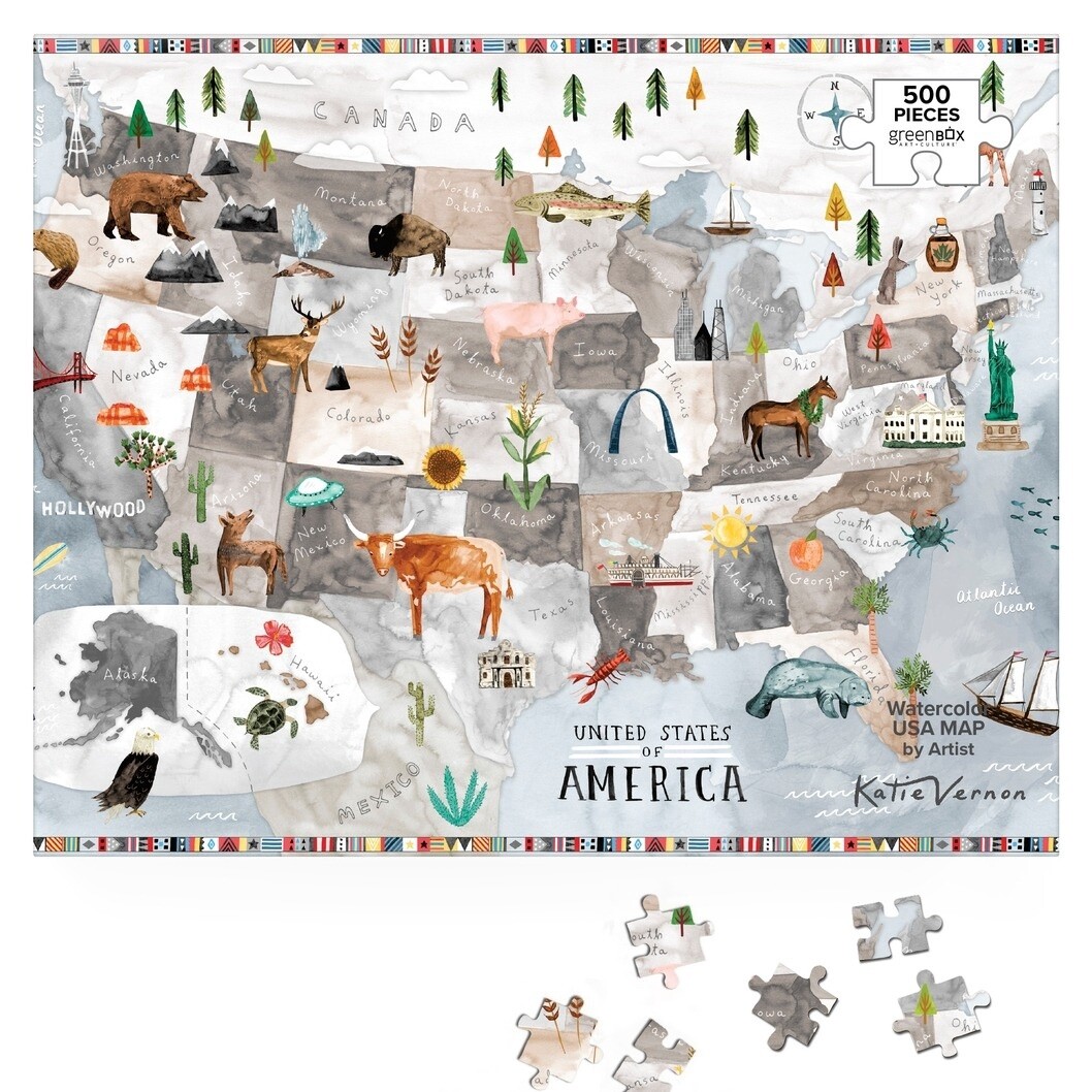 Watercolor USA Map By Katie Vernon Puzzle
