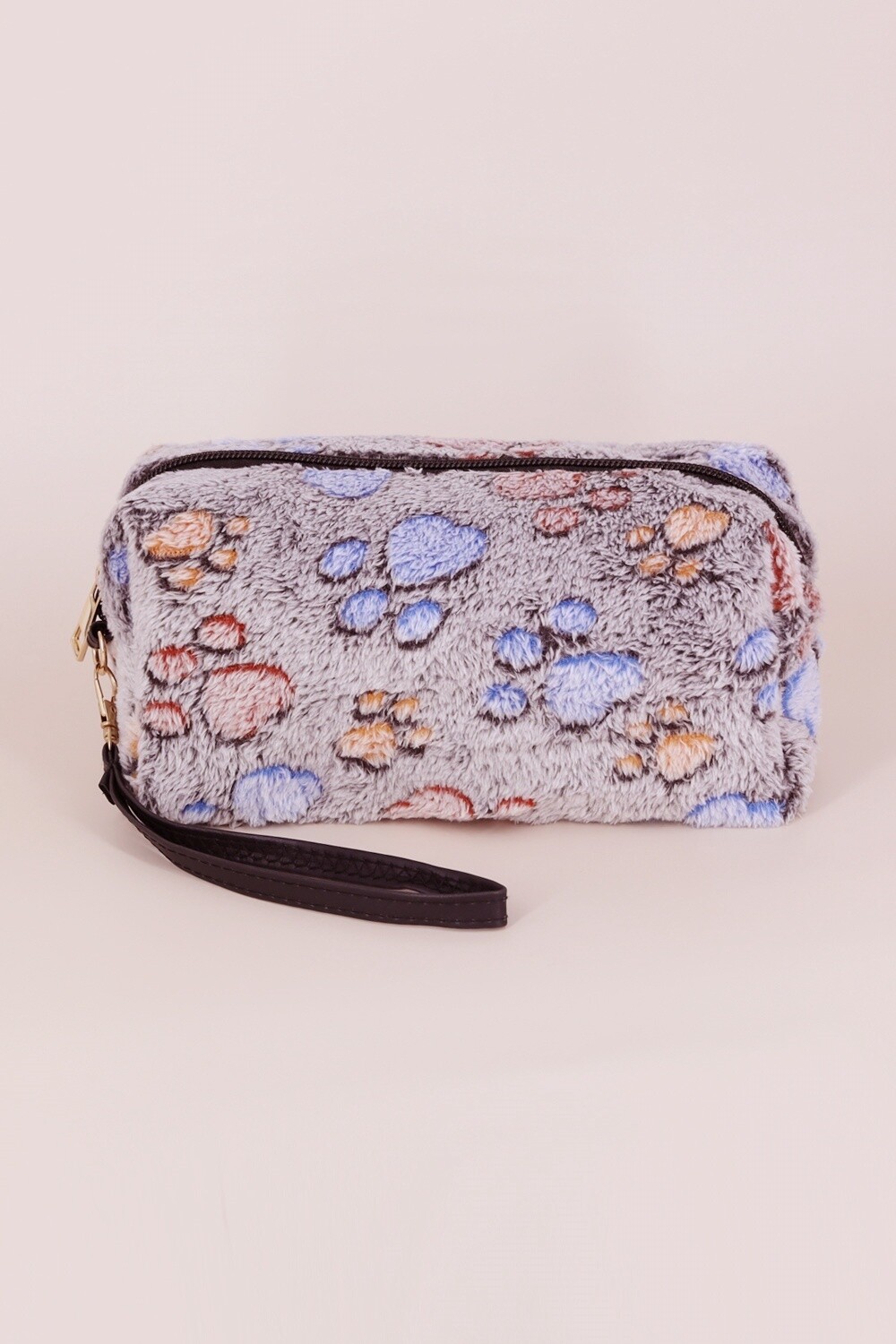 Pawsitive Vibes Gray Fuzzy Paw-Print Wristlet Pouch, Color: Gray