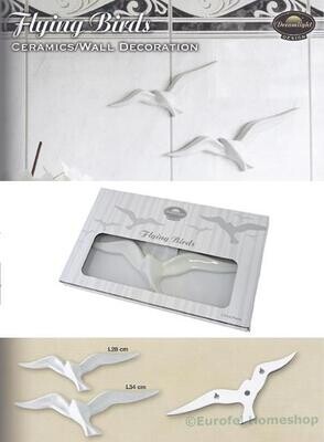 Flying Birds wit, keramieken muurdecoratie, set van 2 stuks