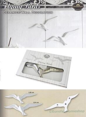 Flying Birds platinakleurig, keramieken muurdecoratie, set van 2 stuks