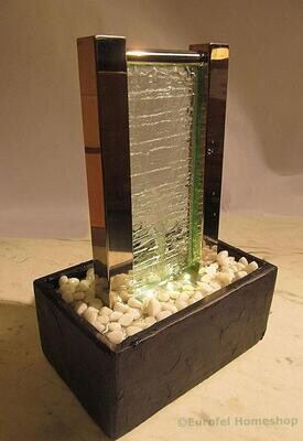 kamerfontein mini-waterwand met edelstaal, glas en keramiek en ledverlichting, model NEW YORK. Edelsteen en glasfontein. Waterwanden.