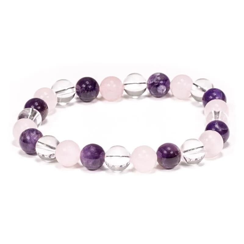 Armband van Amethist, Bergkristal en Rozenkwarts, de zgn. Gouden Driehoek, elastisch. Sieraden.