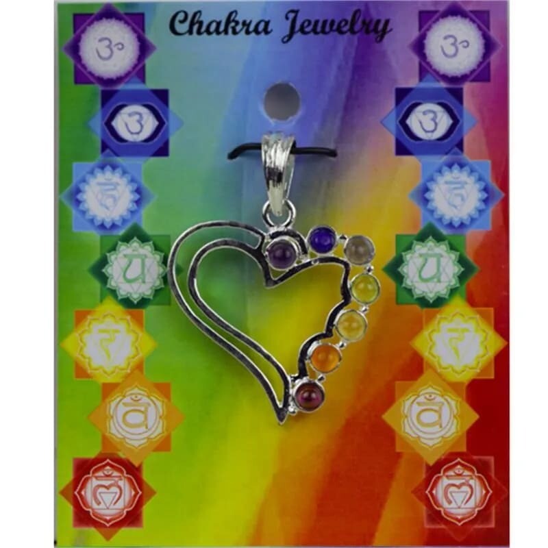 Hanger hart met 7 chakra halfedelstenen, messing verzilverd, 3 x 3 cm. Sieraden.