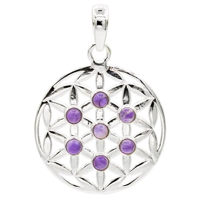 Hanger bloem des levens, 925 zilver met amethist. Sieraden.