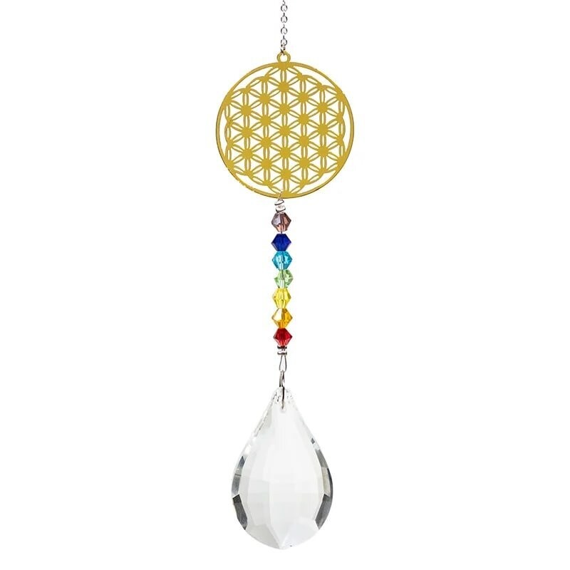 Kristaldruppel wit met chakra bloem des levens, 29 cm.
​​​​​​​​​
