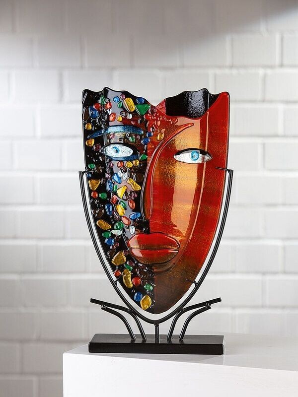 GLASART decovaas "Visage" op zwart metalen voet, schalen en vazen van glas.