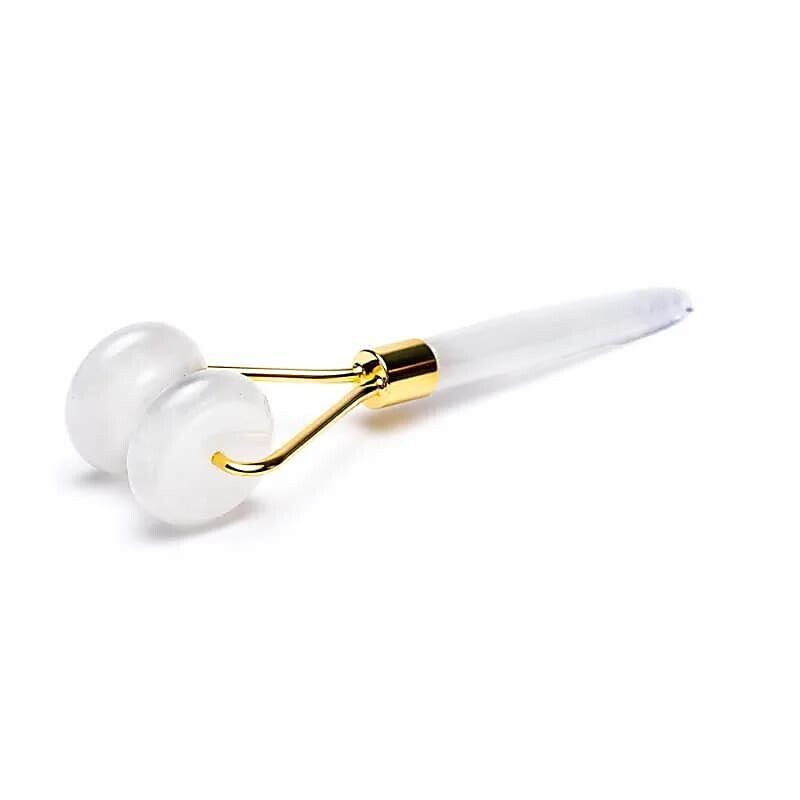 Massage roller gezicht bergkristal + goudgeel kleur metaal, lengte 15 cm. Edelstenen.