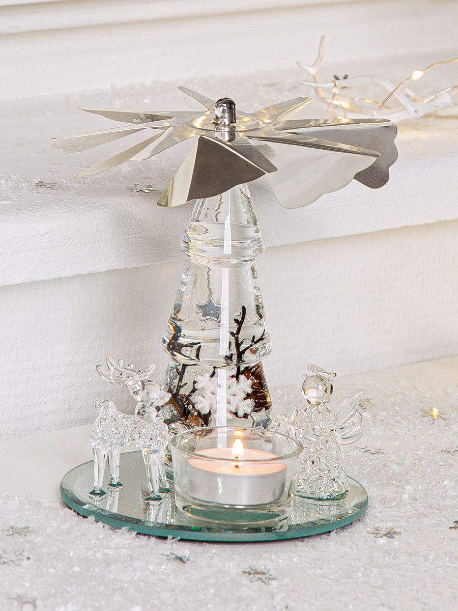 Pyramide op spiegel plateau "Winter Story" een Dreamlight waxinelichthouder incl. glazen hert en engeltje. Waxinelichthouder, Kerstmis