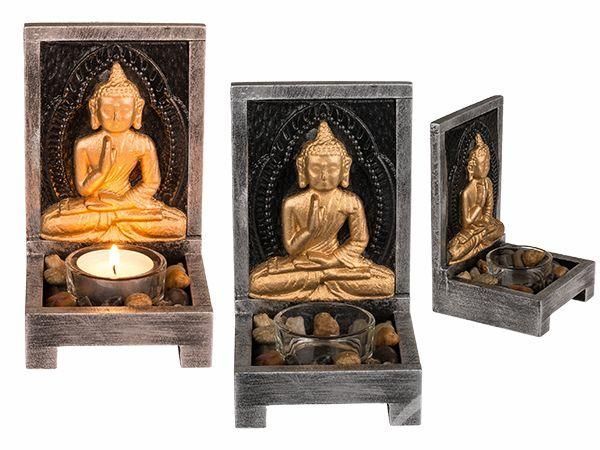 Waxinelichthouder Boeddha hout incl. deco steentjes