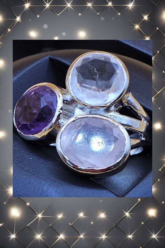 Ring "Gouden Driehoek" met amethist, rozenkwarts en bergkristal, verstelbaar