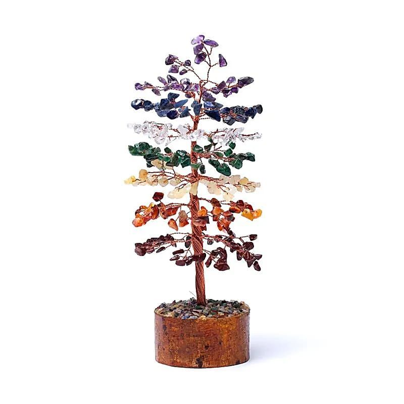 Edelsteenboompje  7 chakra's, met blaadjes bestaande uit diverse mineralen, ca. 23 cm. hoog