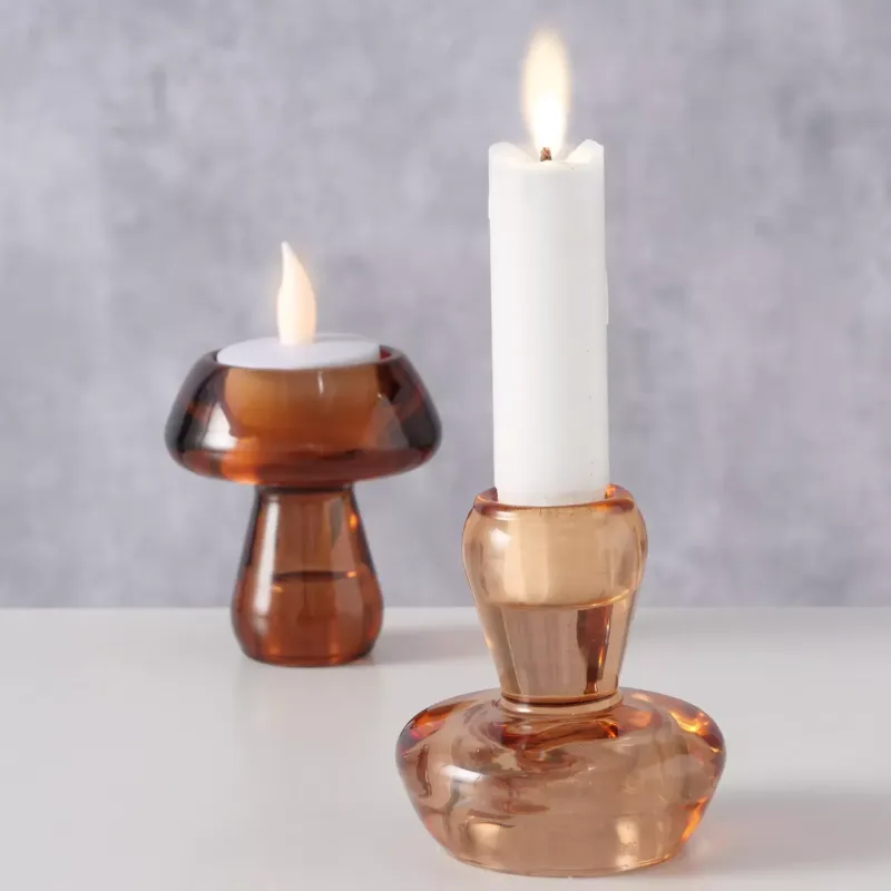 Glazen theelichthouder, voor zowel een waxinelichtje als voor een dinerkaars, kleur bruin