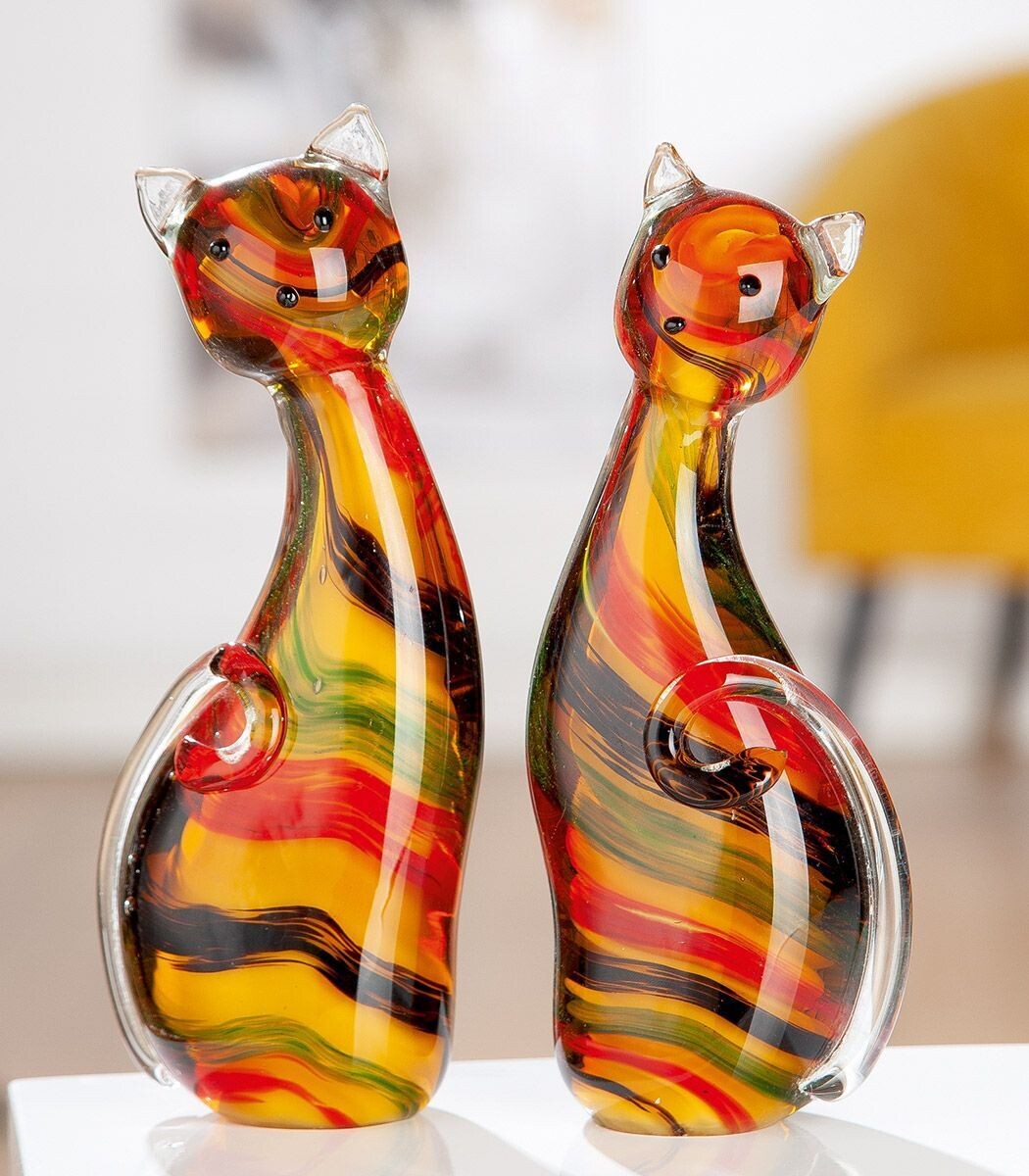 Glasart poezen, 1 set van 2 poezen massief glas, beelden en voorwerpen van glas.