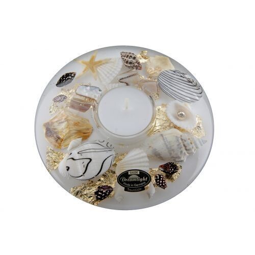 "Golden Shells" mosselmotief, een Dreamlight waxinelichthouder van mond geblazen glas. Dreamlights.