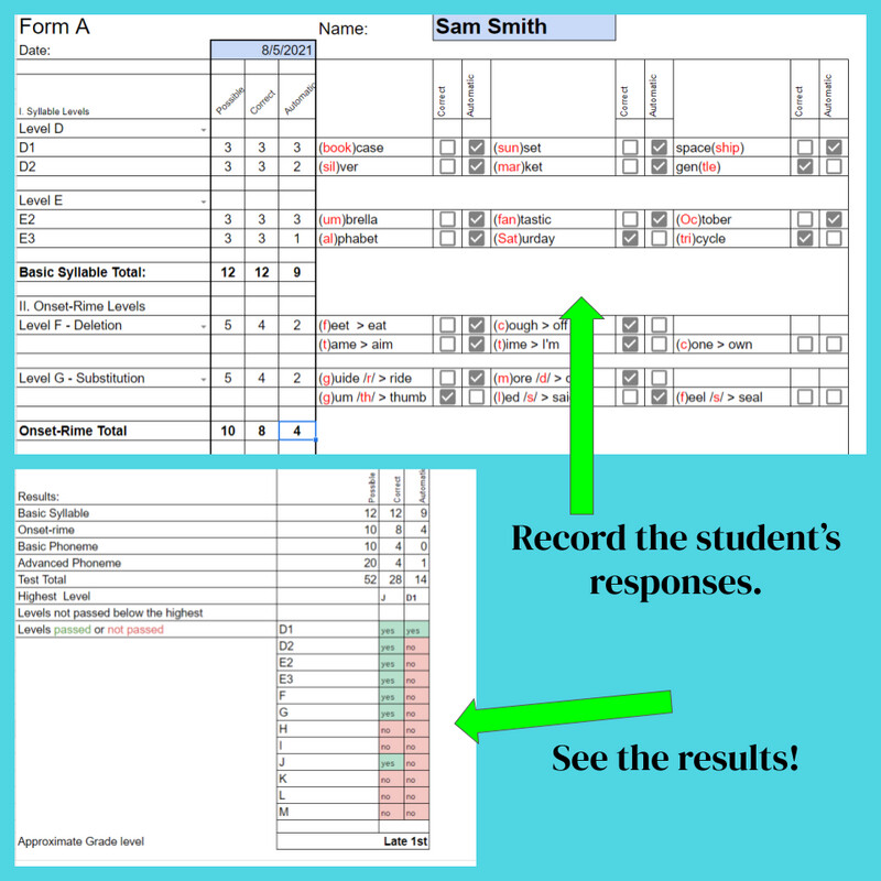 PAST Phonological Awareness Test Recording and Summary Sheet