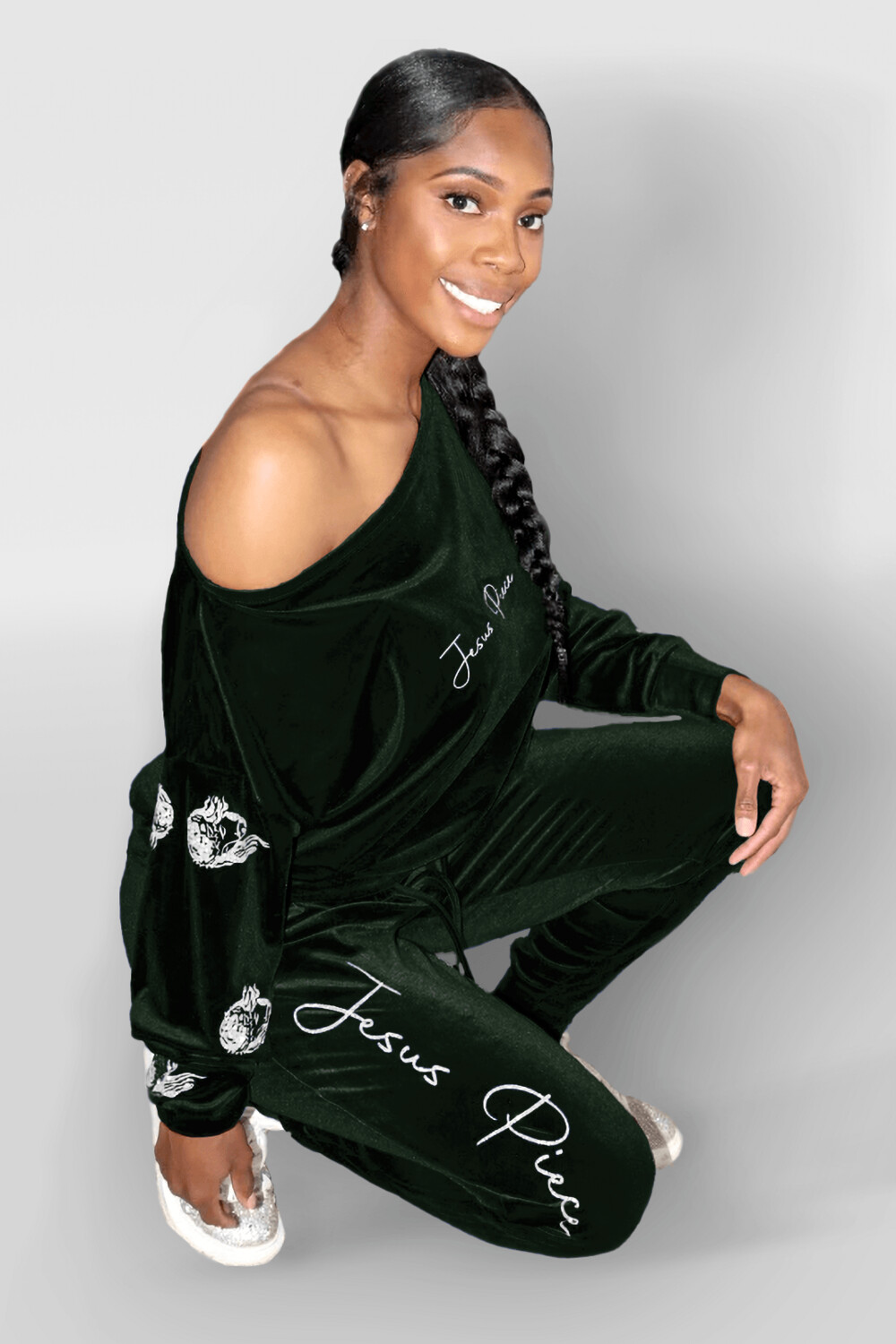 Velour Jesus Piece Jogger set, COLOR: HUNTERGREEN