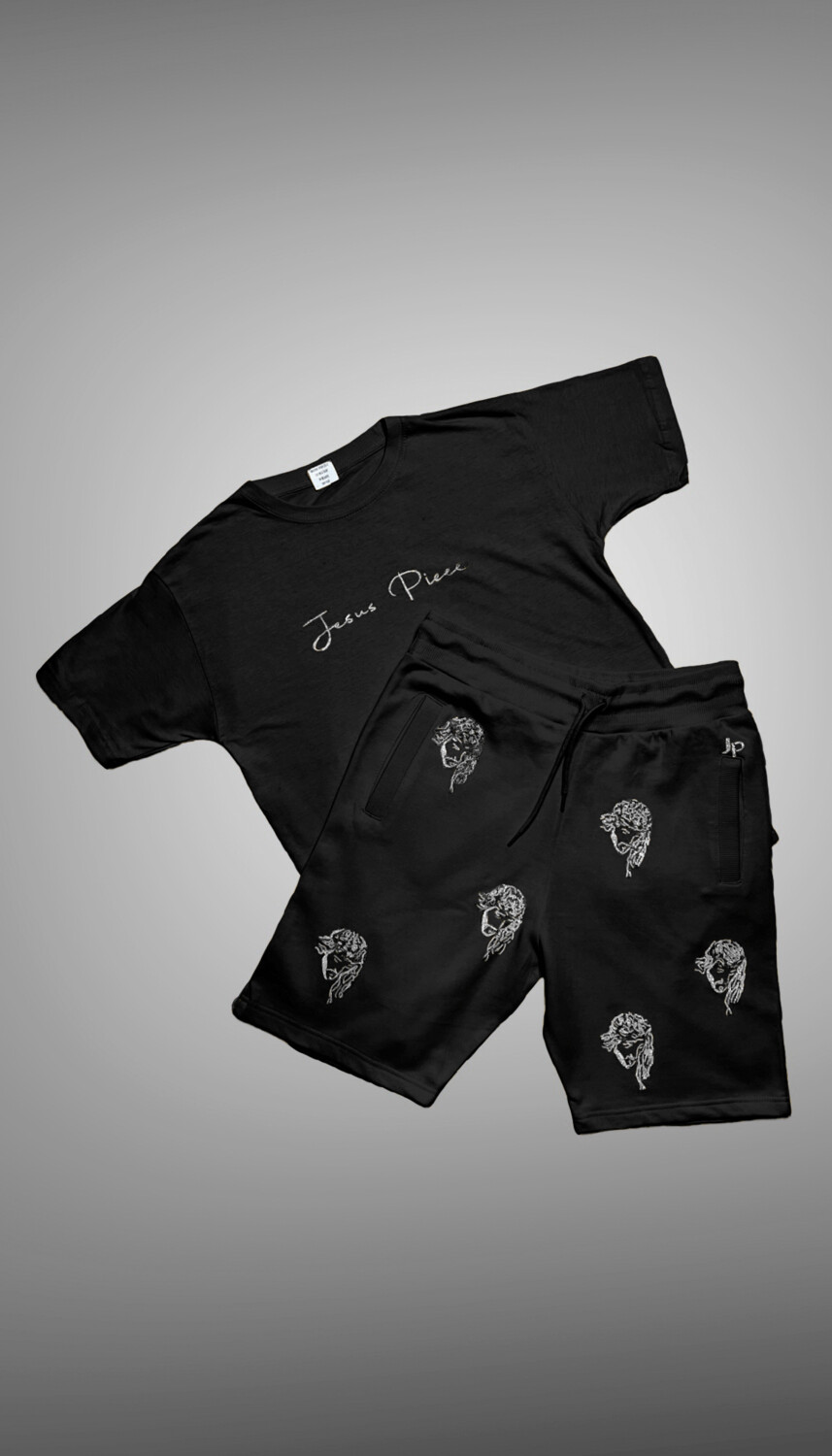 Jesus Pieces all over my short set, COLOR: BLACK