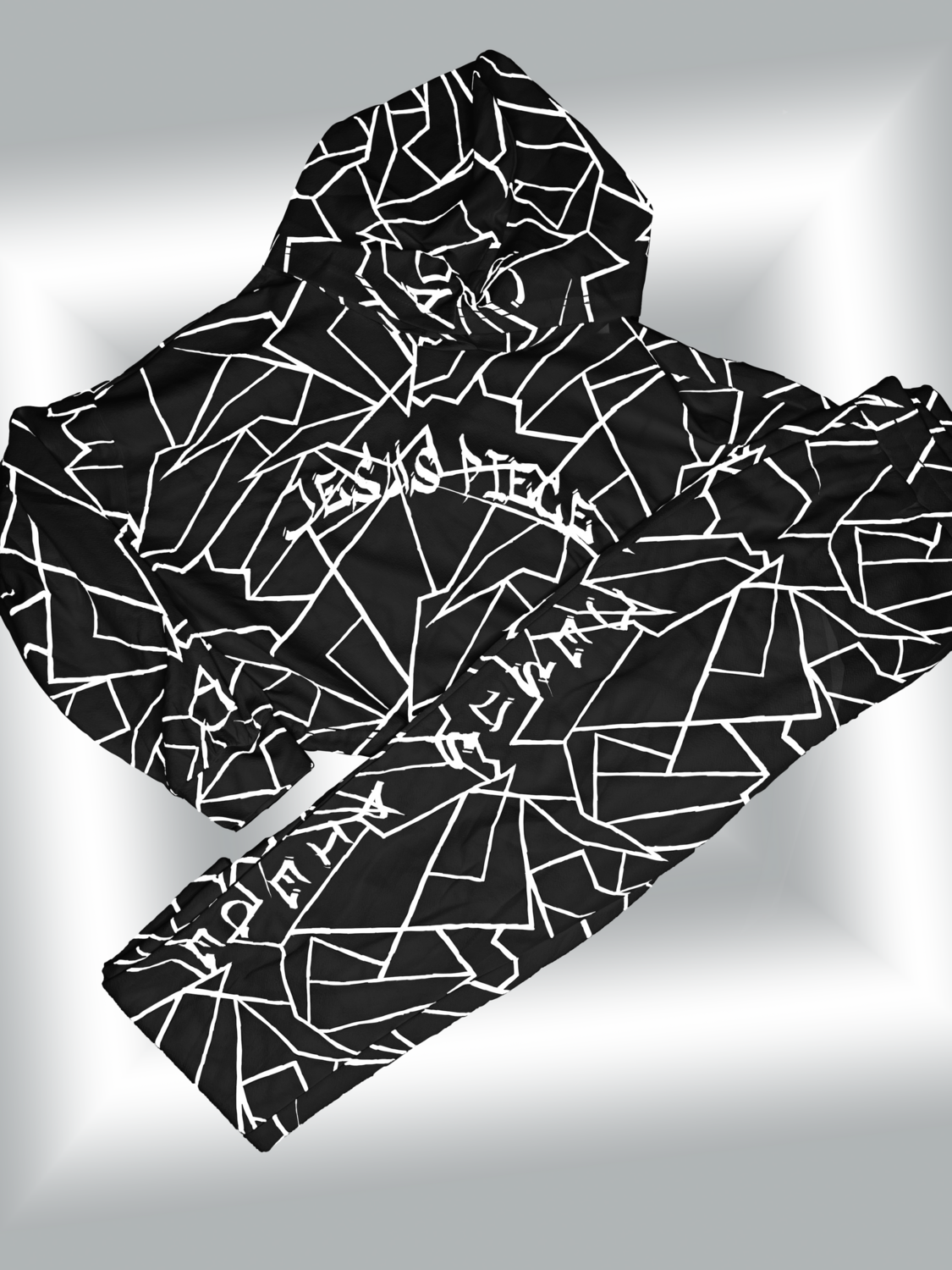 Jesus Piece Geo Print Drawstring Hoodie and Joggers Set, COLOR: BLACK